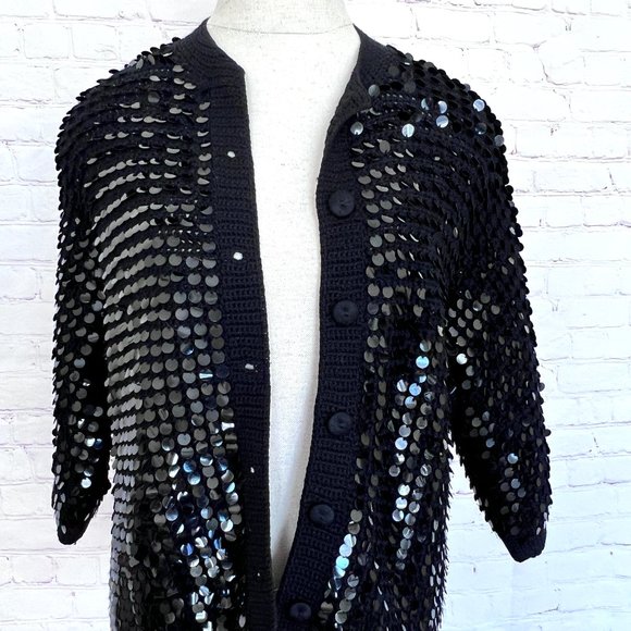 60's Black Sequin Cardigan/Sweater - Forecast Shops - Wool - Size Medium - Picture 2 of 11